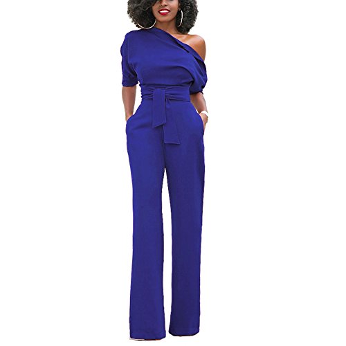 Engood Women's Sexy Solid One Off Shoulder Button High Waist Clubwear Long Wide Leg Pants Jumpsuit Rompers with Belt Blue 2XL