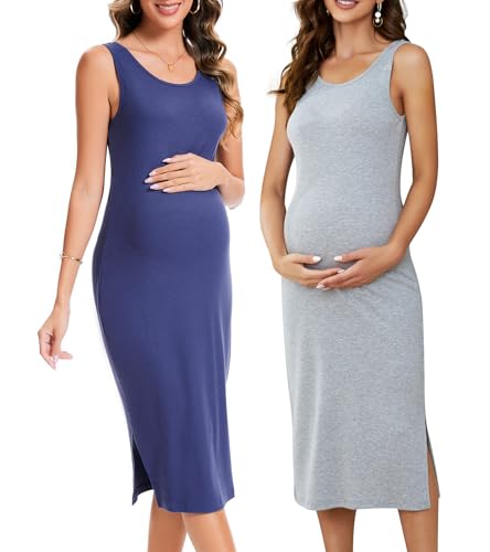 Brynmama Pack de 2 Faldas de Maternidad Casual Vestido de Verano sin Mangas con Abertura Lateral Midi para Embarazo Gris, Azul, XX-L