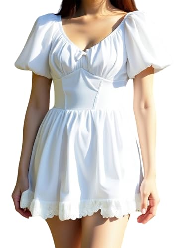 Image of Women Y2k Puff Sleeve Babydoll Dresses Square Neck Tie Back Mini Dress Summer Solid Off Shoulder Flowy Sundress