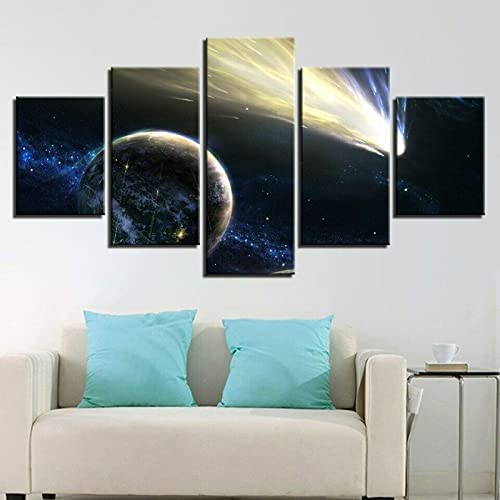 5 Pcs Canvas Mural Wall Art Cosmic Planet Landscape (With Frame 200 X 100 Cm) Wall Decor Modern Artwork Painting For Home Office Living Room Bedroom For Dining Room Children'S Room Gallery -3X1P-F4H