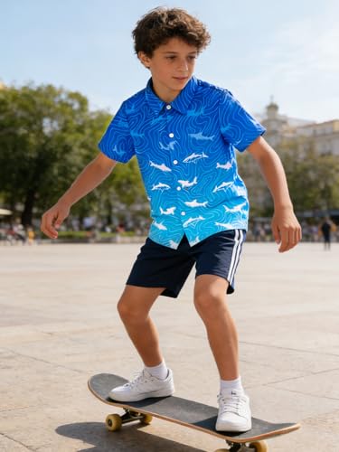 Image of uideazone Boys Button Up Shirts for Teens Size 13-14 Gradient Blue Shark Shirts Kids Aloha Holiday Casual Blouse for Beach Play Rafting Surfing Wading Sandcastle Building