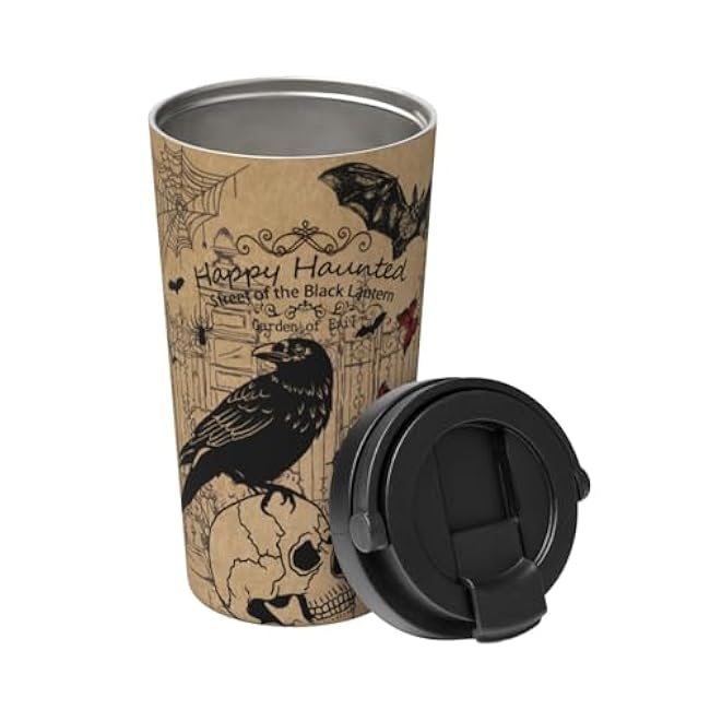 bassyil Halloween Vintage 17oz Insulated Coffee Mug with Flip Lid Handle Witch Spooky Themed Stainless Steel Insulated Travel Tumbler Spill Proof Halloween Cup Gift for Women Men Adults
