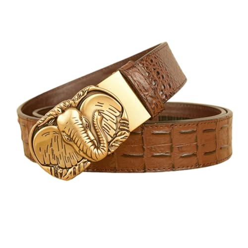 Mens Sliding Ratchet Click Crocodile Pattern Belt With Carved Gold Elephant Head Automatic Buckle Adjustable Waistband3
