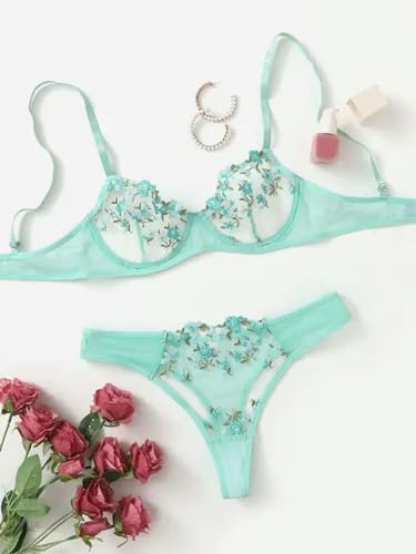 UANGLI Conjunto de Sujetador para Mujer, lencería con Bordado Floral, Ropa Interior Transparente, Bralette sin Aros, Conjunto de Bragas, Ropa de Dormir para Mujer
