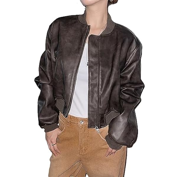 Adhdyuud Vrouwen Casual Faux Lederen Jas Herfst Vintage O-hals Rits Pu Korte Jas Moto Biker Uitloper