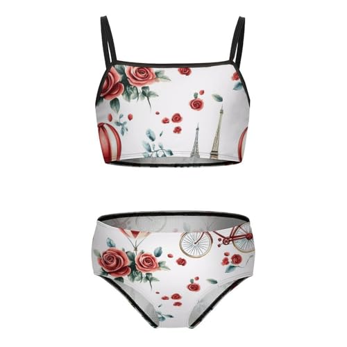 Eiffel Tower Paris Flowers Bicycle Girls Bikini Swimsuit Two Piece Bathing Suit Beach Swimwear