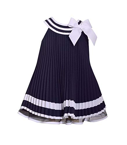Bonnie Baby Toddler Girls Navy Nautical Pleated Sleeveless Sun Dress with Matching Bloomers (24 Months)