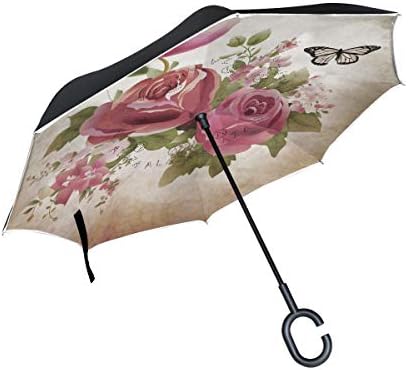 MRMIAN Vintage Rose Flower Floral Butterfly Windproof Inverted Open Close Reverse Rain Umbrella Inside Out Quality Waterproof Parasol Upside Down Stick Shelter with Hook c Handle