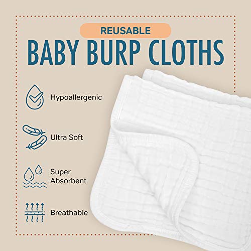 Allsett Health 10 Pack Muslin Burp Cloths Large 20" By 10" 100% Cotton, Hand Wash Cloth 6 Layers Extra Absorbent And Soft White #TOP2
