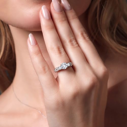 Gem Stone King 925 Sterling Silver White Created Sapphire White Lab Grown Diamond and White Moissanite Engagement Ring For Women (1.47 Cttw, Gemstone September Birthstone, Round 6MM and 3MM)4