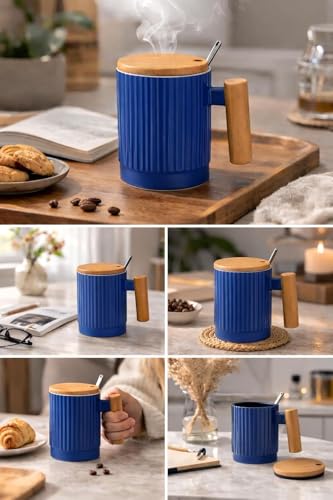 Image of Coffee Mug, Gift for Woman, Birthday Present for Girlfriend, Present for Wife Birthday, Mugs for Present, Holi Gifts, Panda Mug with Lid & Spoon (Fluted Blue)