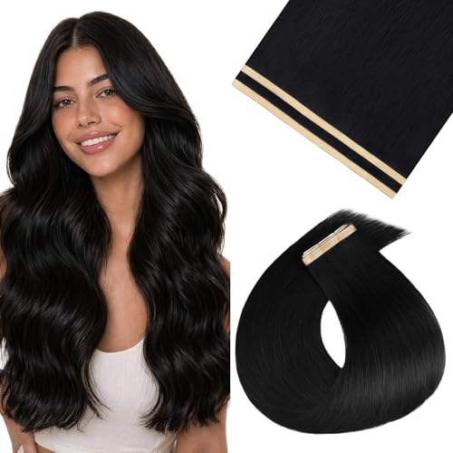 Image of GOO GOO Tape In Weft Hair Extensions Human Hair, Genius PU Long Weft Tape In Hair Extensions Real Human Hair, Silky Easy to Use, 1 Jet black 14 inch 50g 2pcs
