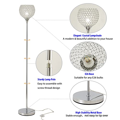 Spherical Crystal Floor Lamp, Silver 8.7 In Shade Elegant Standing Light With Crystal Lamp Shade For Living Room, Bedroom, Office, Modern Chrome 61 In Tall Pole Lighting, E26 Base, Led Bulb Included #TOP3