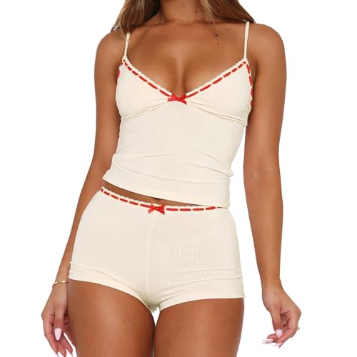Image of Yuemengxuan Women Two Piece Outfits Y2k Boy Shorts Set Sleeveless Crop Top Button Down Shorts Set Loungewear Pajamas Set