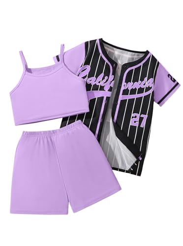 Image of Hilinker Girls Graphic 3 Piece Outfits Short Sleeve Striped Cardigan and Crop Cami with Shorts Set