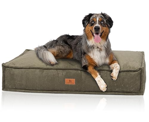Knuffelwuff Hundekissen Lesedi aus Cord mit Handwebcharakter 120x80cm Khaki - Abnehmbarer Bezug - waschbar - für große, mittelgroße und kleine Hunde