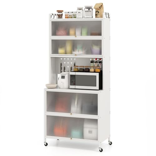 KOMFOTTEU Aparador de Cocina 5/6 Niveles, Mueble Buffet con Puertas Transparentes, Soporte para Microondas de Metal con 4 Ruedas, Alacena Alta con Panel de Perforaciones (80 x 40 x 178 cm, Blanco)