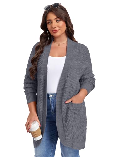Image of LARACE Long Cardigans for Women Plus Size Tops Open Front Sweaters with Pockets Waffle Ribbed Sleeve Loose Fall Outwear