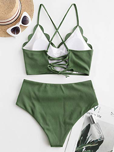 Zaful Women's Scalloped Textured Swimwear High Waisted Wide Strap Adjustable Back Lace-Up Bikini Set Swimsuit (M, Medium Forest Green-B) #TOP3