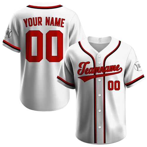 Custom Baseball Jersey – Personalized Name, Number & Logo, White and Red Button Down Shirt Jersey for Men, Women, Youth and Kids