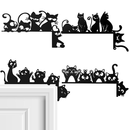 MorningRo 4 Pcs Cat Door Frame Decoration Set Black Metal Corner Sign Bathroom Wall Art Decor for Indoor Outdoor Door Window Home Office