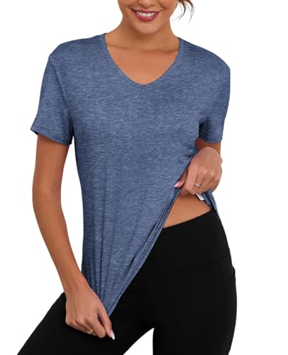 Mazulun V Neck Workout Tops for Women UPF 50+ Breathable Loose Fit Short Sleeve Tee Shirt Yoga Gym Basic T Shirts Dark Blue L