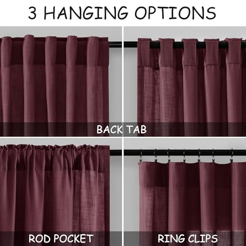 Image of Nanspring Burgundy Linen Curtains 84 Inch Length 2 Panels Set for Living Room Rod Pocket Back Tab Light Filtering Window Drapes for Bedroom Dining Room Protect Privacy Modern Farmhouse Decor 52x84
