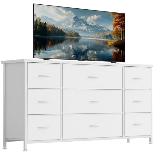 COTUBLR 9 Drawer Dresser for Bedroom, Wide Storage Chest of Drawers with Removable Fabric Bins for Closet Bedside Nursery Living Room Laundry Entryway Hallway, White by COTUBLR - Used condition - CA$63.48