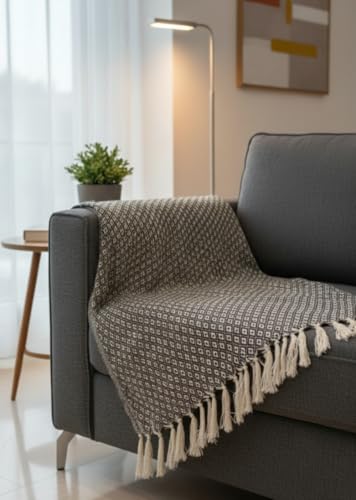 Image of HAKAM Black & White Diamond Cotton Throw Blanket | Handwoven Geometric Pattern Sofa & Bed Throw with Tassels | Soft Decorative Blanket for Living Room & Bedroom | 125X150 cm | Pack of 1