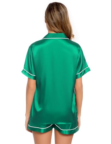 Image of LecGee Womens Silk Satin Pajamas Short Sleeve Loungewear Two-Piece Sleepwear Button-Down Pj Set Emerald Green X-Large