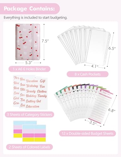 Image of A6 Budget Binder for Money Saving, PU Leather Budget Planner with 8 Cash Envelopes, Budget Sheets & Rose Gold Category Stickers, Money Organizer for Cash (Pink Cherry)