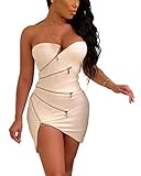 Choichic Sexy Club Outfits for Women - Elegant Zipper Front Strapless Irregular Hem Mini Dress Clubwear X-Large White