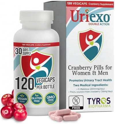 URIEXO Double Action Cranberry Proanthocyandins (PACs) & D-Mannose Capsules – Dual-Action Urinary Tract Infection (UTI) Prevention Treatment with 36 mg PACs + 2000 mg D-Mannose – Non-Antibiotic Urinary & UTI Prevention for Women AND Men – Health Canada Licensed – 30-Day Supply