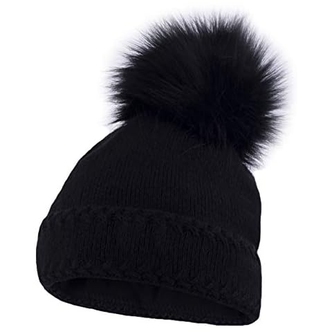 Neverless® gefütterte Damen Strickmütze mit Fell-Bommel und Fleece Futter Cover