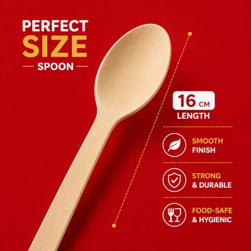 Image of 160 mm, 100 Pack Disposable Spoons | Wooden Dining Flatware | Ideal for Kids Birthday, Wedding & Party