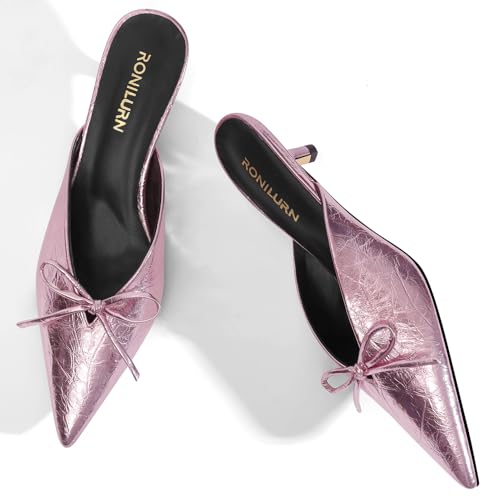 Kitten Heels for Women Heeled Mules Stiletto Pumps Bow Closed Toe Pointed Toe Low Heel Slip on Fashion Metallic Backless Prom Party Dressy4