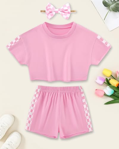 Image of SANMIO Toddler Girl Clothes Summer 3 Piece Outfits Cute | Short Sleeves Checkered Tops Shorts and Headband Girls Clothing Set