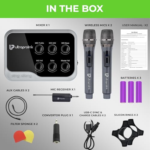UltraProlink Sing Along Duet | Portable Bluetooth Karaoke Mixer | 2 Wireless Dynamic Mics | With Recording | Sound Card for Karaoke,Podcast, Singing, Live Stream,Broadcast| UM1002D | Grey 7 41DQBNN59IL