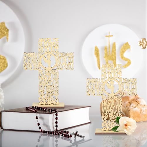 Image of Marsui 16 Pcs Wooden Baptism Centerpieces for Table, Recuerdos De Bautizo para Religious Catholic Table Decor for Christening Communion Baby Shower Wedding Vbs Sunday School Church(Angel with Cross)