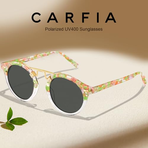 Image of CARFIA Small Face Acetate Polarized Sunglasses for Women UV Protection, Retro Double Bridge Eyewears Metal Brow Round Sunnies