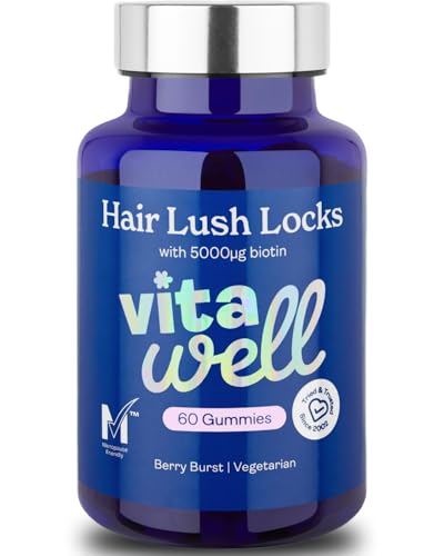 Vitawell Hair Lush Locks Gummies - Hair Growth + Skin + Nails Vitamins Chews | Complex Formula 5000µg Biotin + Zinc + Vitamin A, D3, C, B12 | 60 Berry Burst Flavour | Supplement for Men & Women