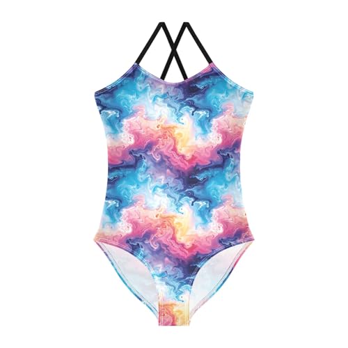 senya Girls Swimsuits One-Piece Swimwear Tie Bathing Suit Beach Summer Round Neck 9-10T Abstract Colorful Marbling Pattern