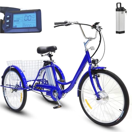 LJYKBFL Elektrisches Dreirad Für Erwachsene, 24 Zoll Dreiradfahrrad, Mit 36V 12Ah Batterie, 35-40km Reichweite, 150kg Tragfähigkeit, Trainings- Und Einkaufsroller Für Ältere Menschen,Blue-Basket