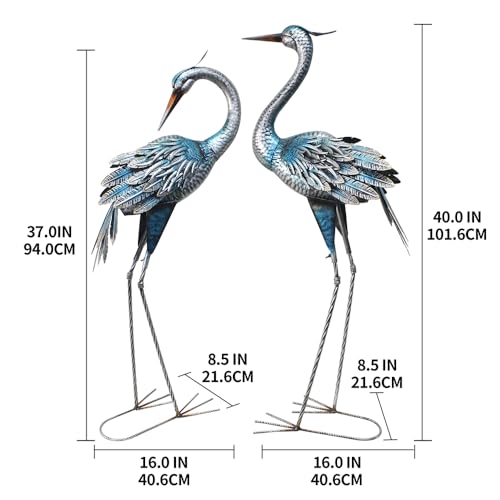 37-40Inch Outdoor Crane Garden Statues, Blue Heron Garden Statues, Large Metal Cranes for Yard, Lawn, Patio, Pond, Set of 2