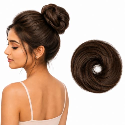 Image of Messy Bun Scrunchie Hair Extension for Women & Girls- 100% Natural Real Human Hair Juda Bun | Hair Bun Accessories for women- Trendy Messy bun Look, Natural Brown (30g)