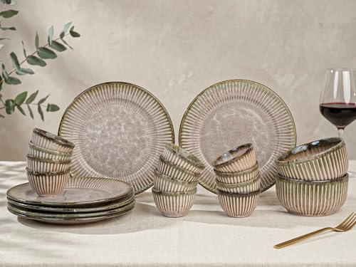 Image of Bodhi House Premium 20-Piece Stoneware Dinner Set Serving for 6 - Handcrafted Ceramic Plates, Bowls & Serving Bowls | Microwave & Dishwasher Safe | Elegant Modern Tableware Crockery Petal Pink
