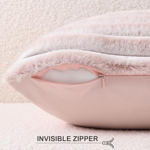Image of Pallene Faux Fur Plush Throw Pillow Covers 16x16 Set of 2, Luxury Soft Fluffy Striped Decorative Pillow Covers for Sofa, Couch, Living Room, Ombre Pink