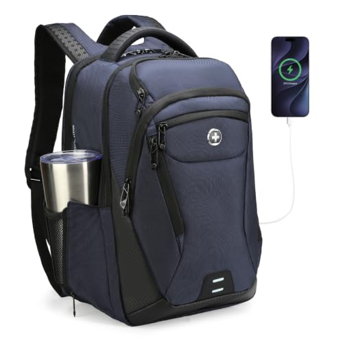 Image of Swissdigital Design Men's Laptop Backpack for College and Business Travel with Integrated USB Charging Port and RFID Protection Fits Laptops up to 15.6 inch, Blue | SD1695-12