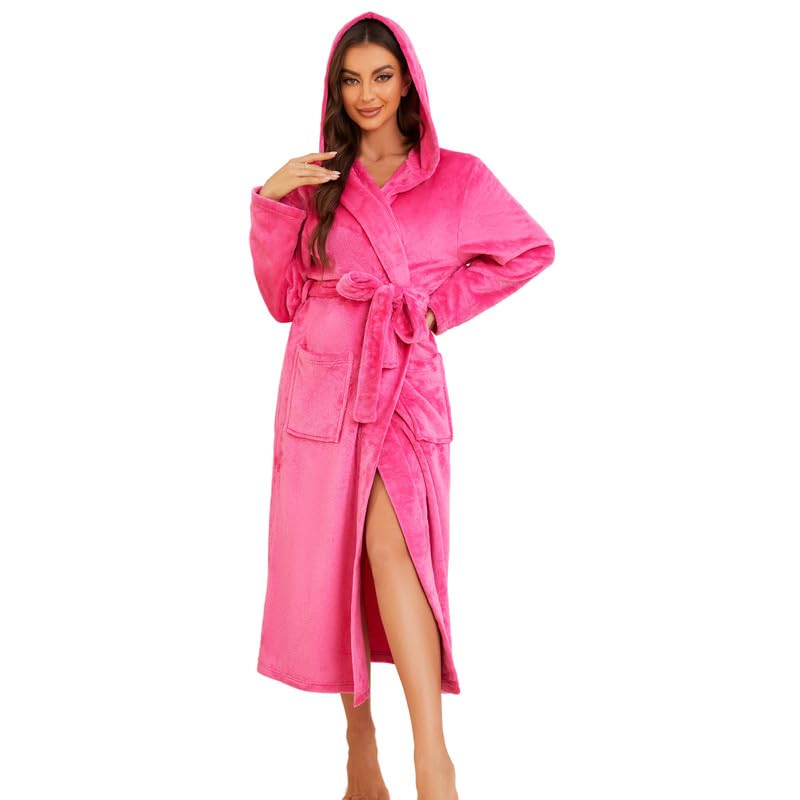 Image of Womens Long Hooded Fleece Robe, Soft Warm Spa Bathrobe for Cozy Lightweight Loungewear