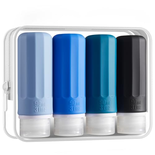 INSFIT 4 Stück Silikon Reiseflaschen Set, FDA-zugelassene 90ml Reisegrößenbehälter, BPA-freie, auslaufsichere, quetschbare Silikonschläuche für Shampoo, Spülung, Lotion, Duschgel mit Etiketten